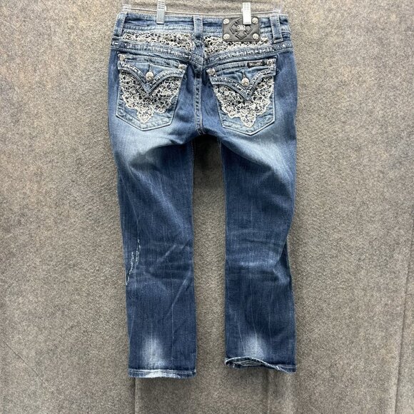 Miss Me Jeans Womens 28 Blue Easy Capri Distressed Embroidered Lace Denim Pants - Picture 9 of 12